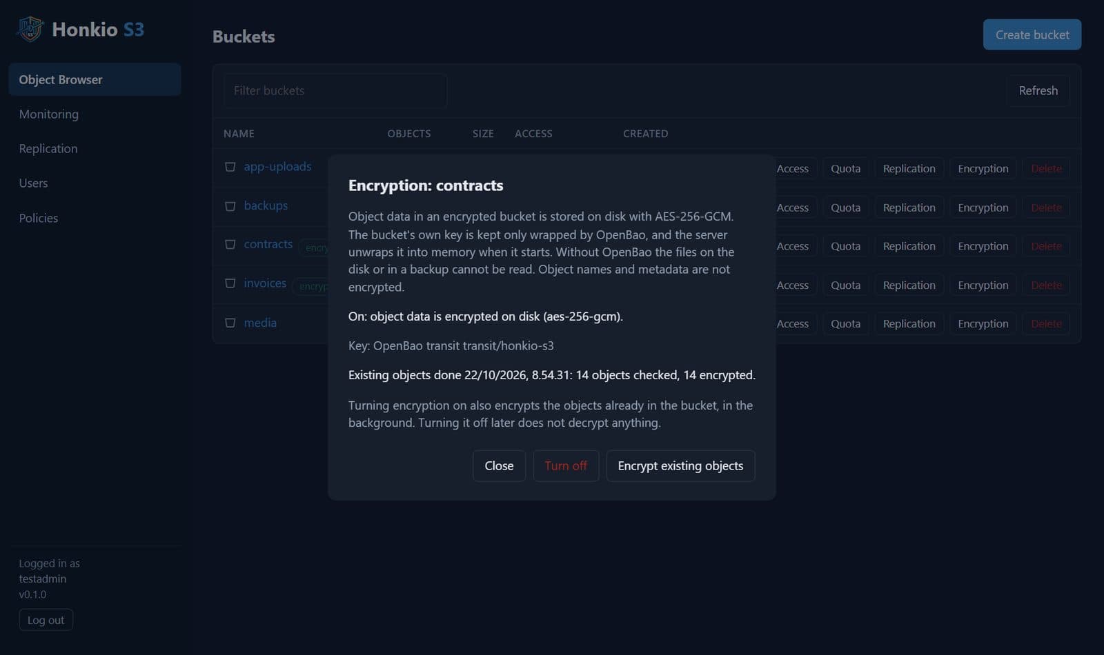 Bucket encryption setting in the console